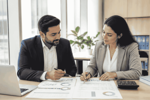 Business owner reviewing debt service coverage planning documents with a funding specialist