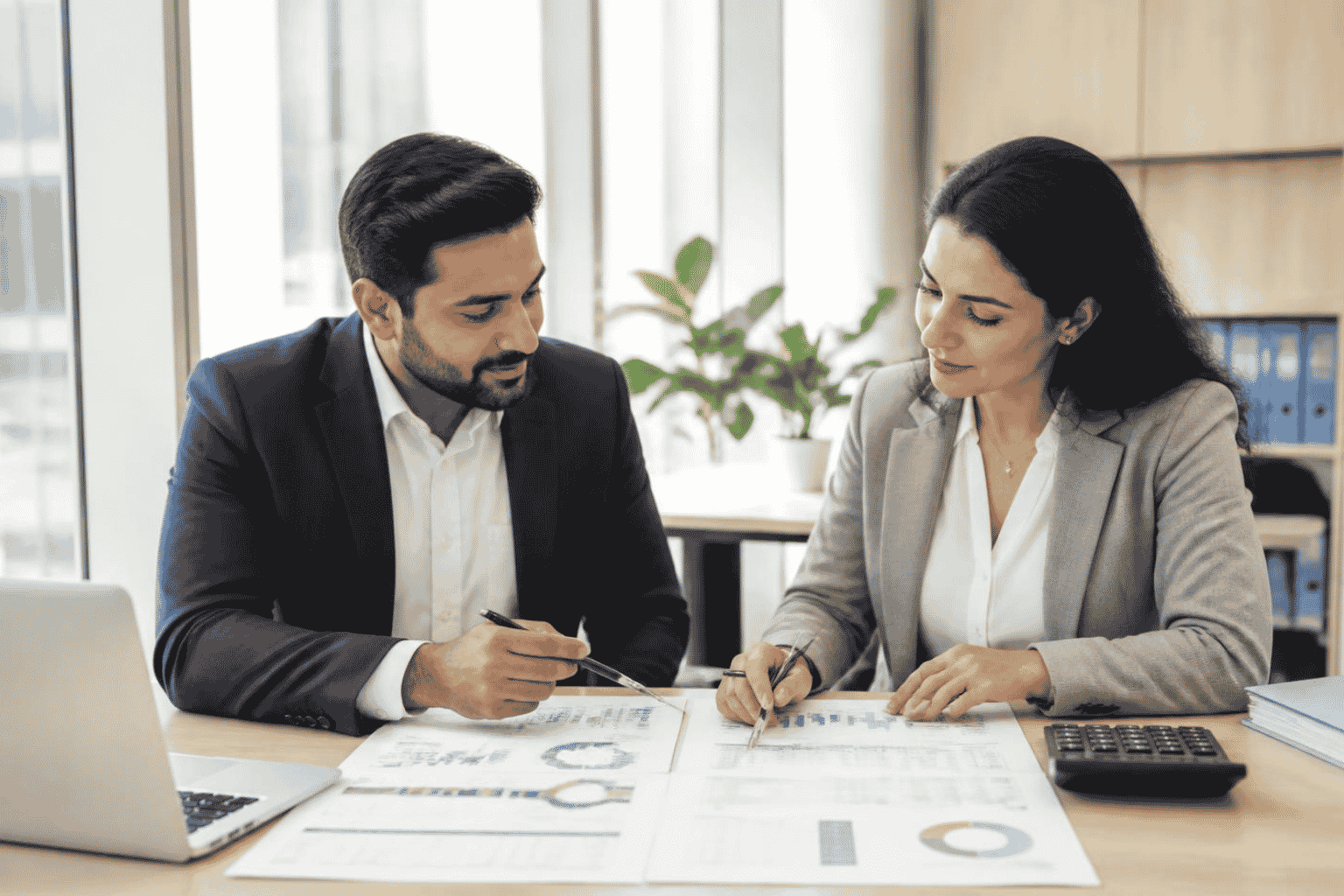 Business owner reviewing debt service coverage planning documents with a funding specialist