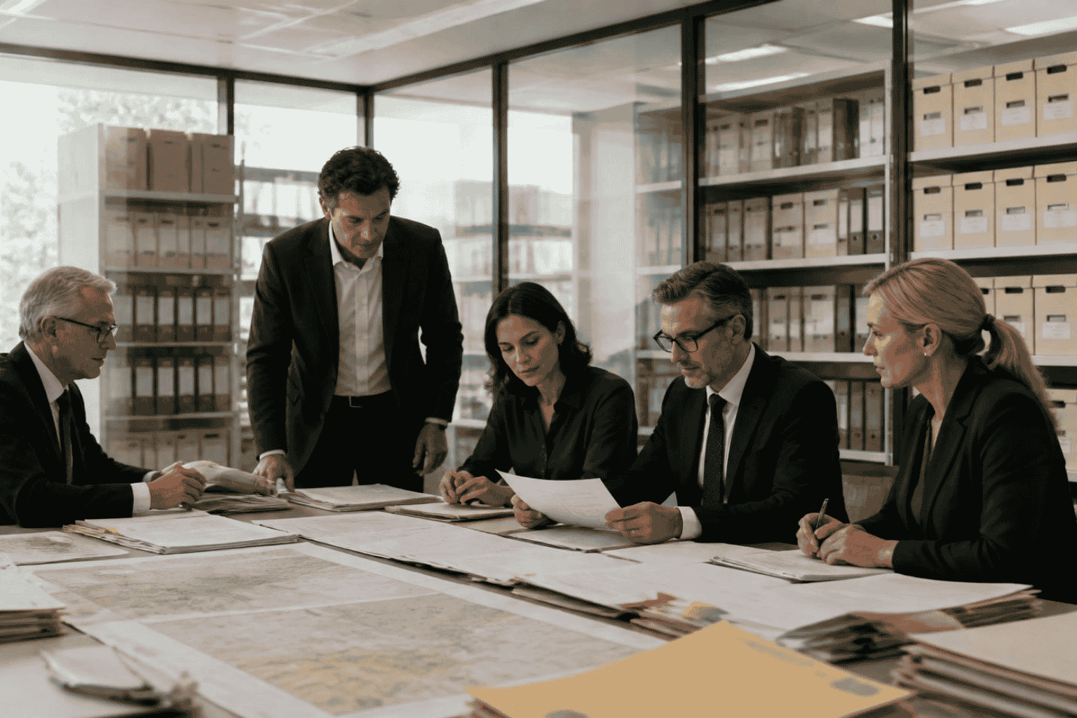Executives reviewing divestiture readiness documents for a non-core business unit