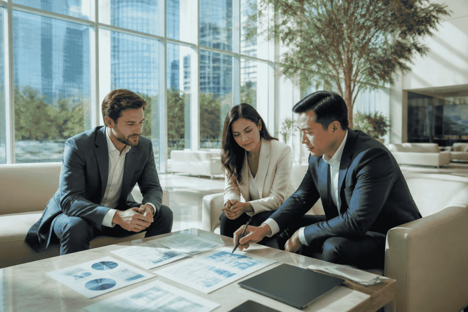 Growth company founder reviewing expansion capital planning documents with an advisor