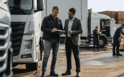 Logistics company owner reviewing fleet financing beside delivery trucks