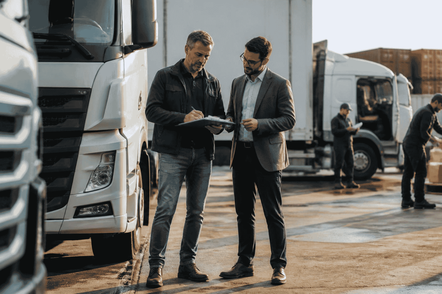 Logistics company owner reviewing fleet financing beside delivery trucks