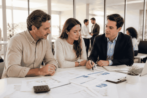 Business owner reviewing funding needs assessment documents with a finance advisor