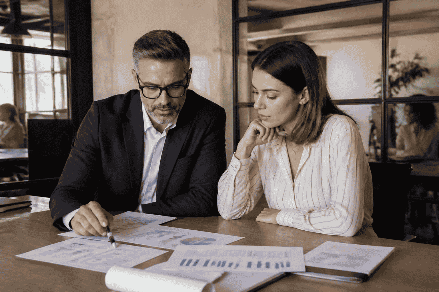 Business owner reviewing growth capital planning documents with a funding advisor