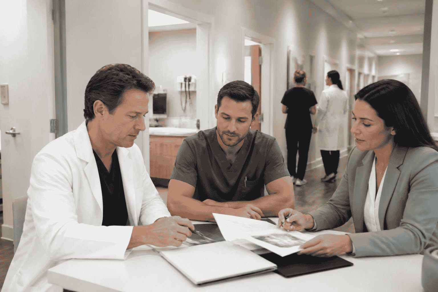 Healthcare providers reviewing acquisition funding documents inside an outpatient clinic