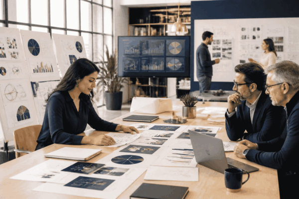 Startup founder preparing investment readiness materials with advisors