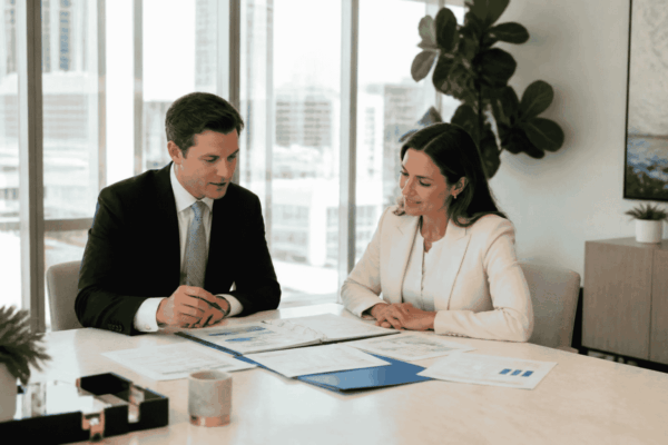Acquisition buyer reviewing investor-backed funding documents with a capital advisor