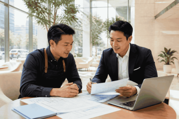 Business owner reviewing local market expansion funding documents with an advisor