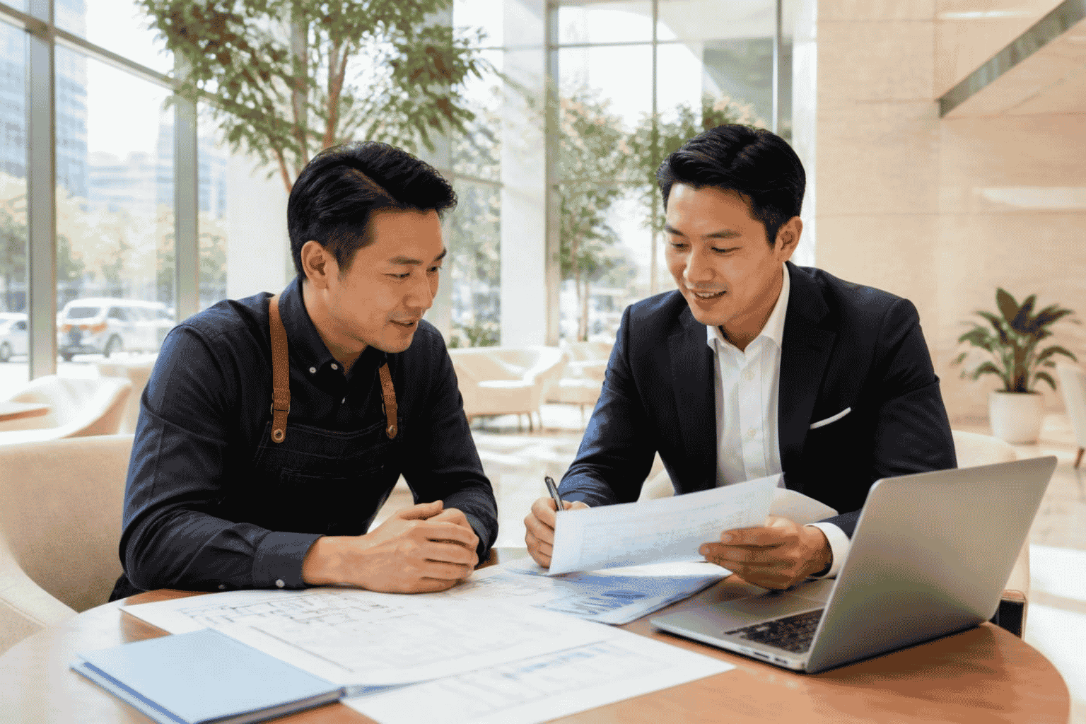 Business owner reviewing local market expansion funding documents with an advisor