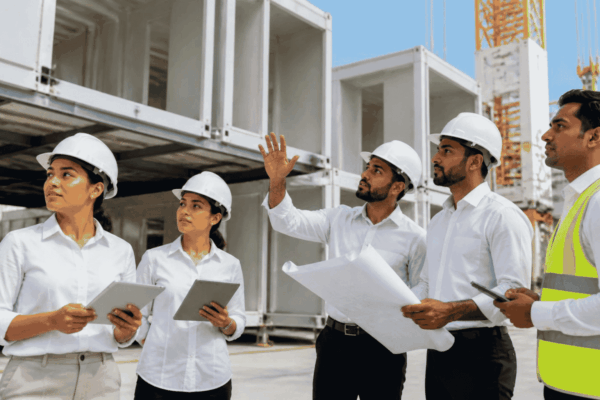 Engineers inspecting modular building components at a commercial construction site