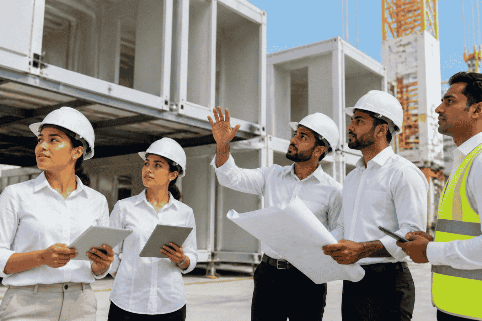 Engineers inspecting modular building components at a commercial construction site