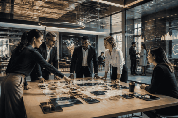 Leadership team aligning strategy, people, and operational processes