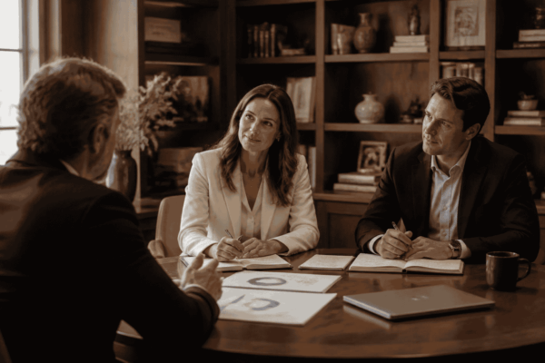 Business seller discussing post-liquidity wealth planning with private advisors