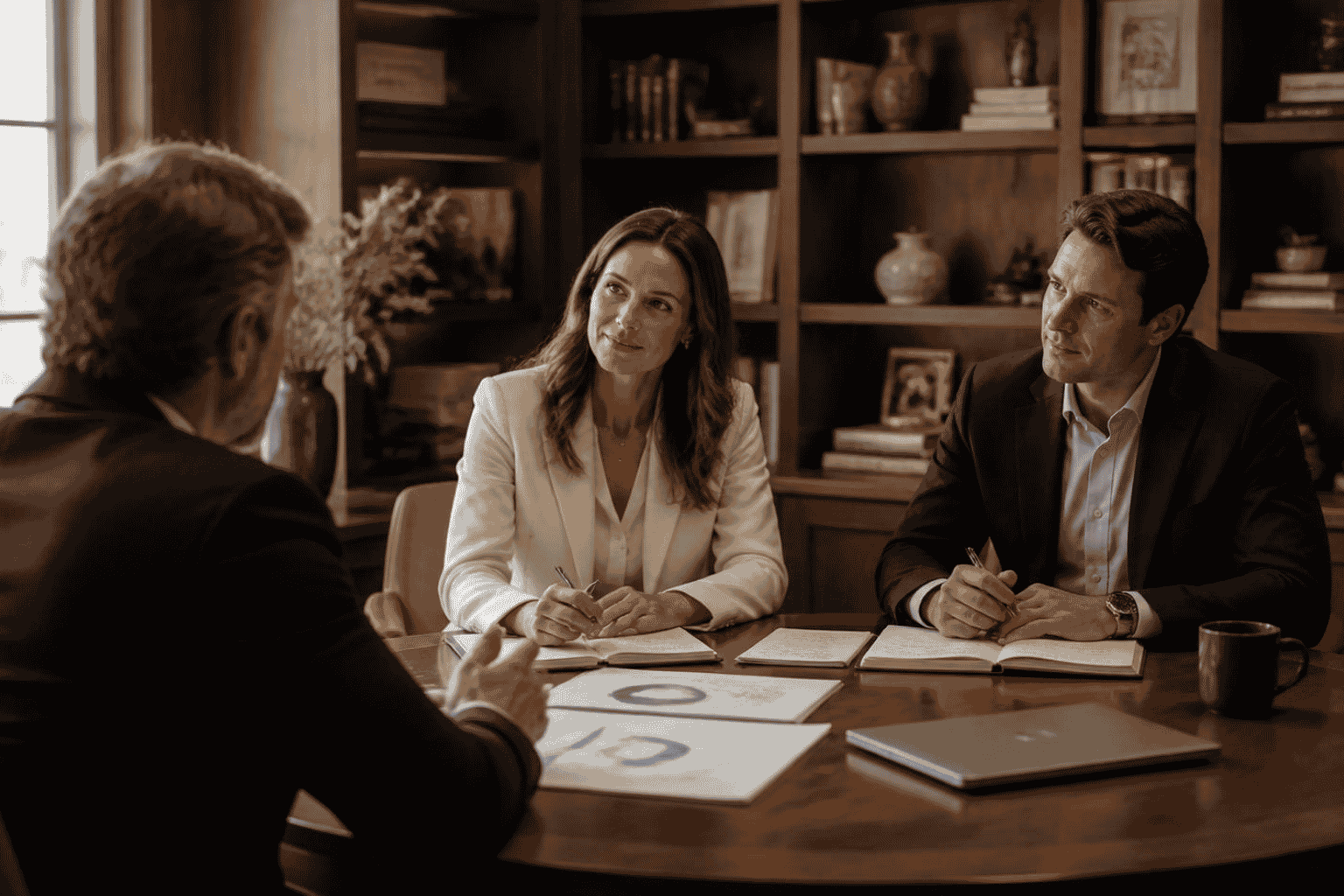 Business seller discussing post-liquidity wealth planning with private advisors