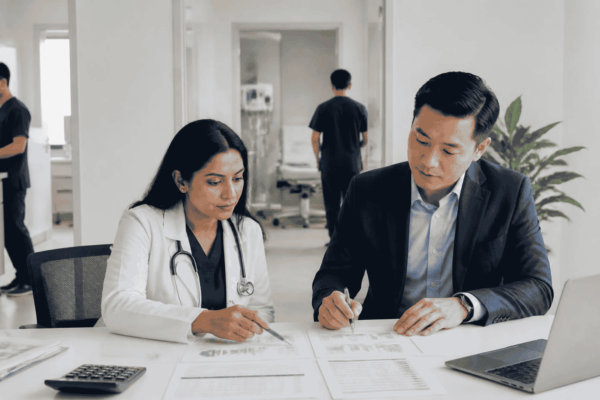 Healthcare practice owner reviewing working capital needs with a funding advisor
