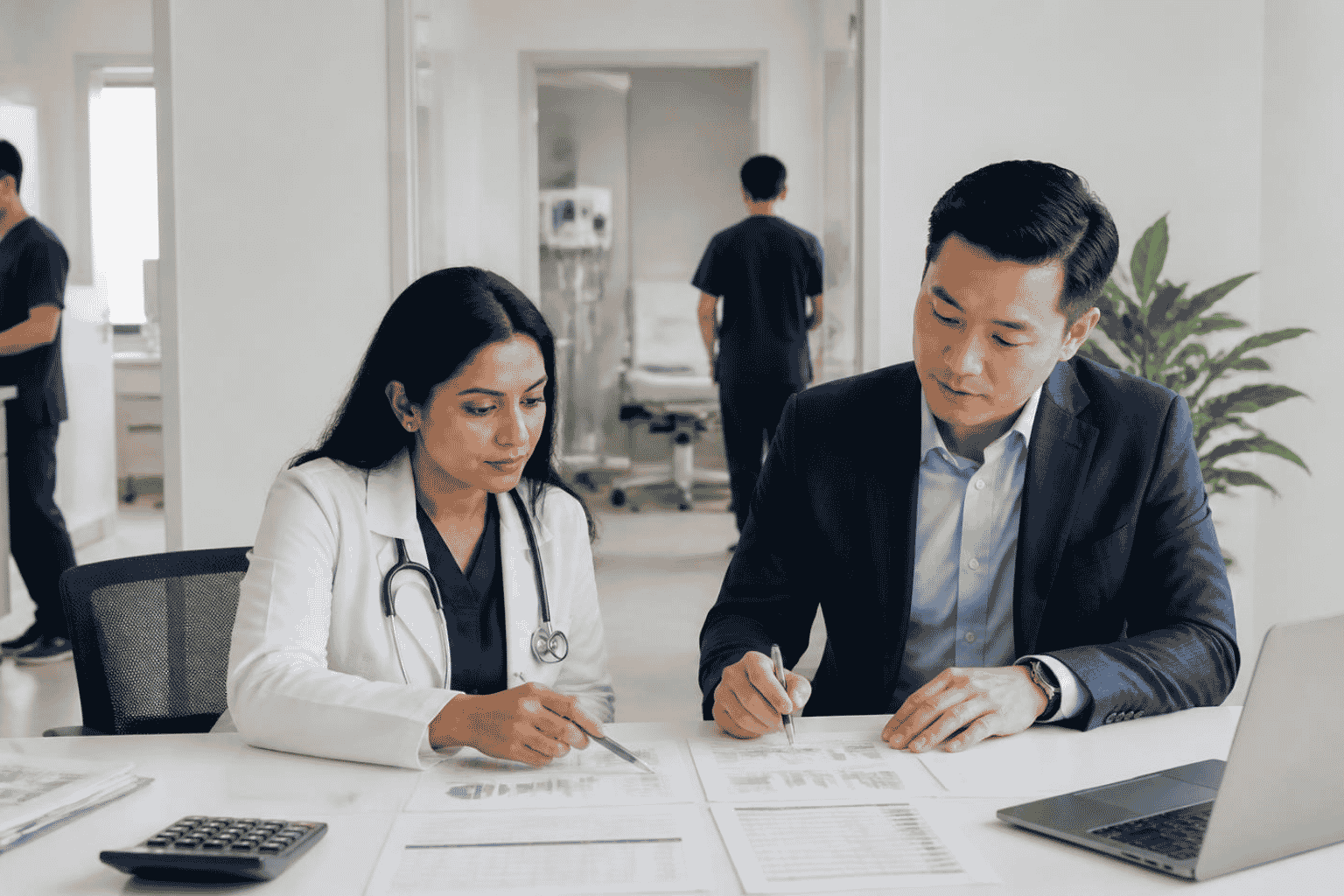 Healthcare practice owner reviewing working capital needs with a funding advisor