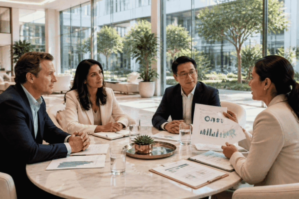 Growth company founder presenting private capital readiness materials to investment advisors