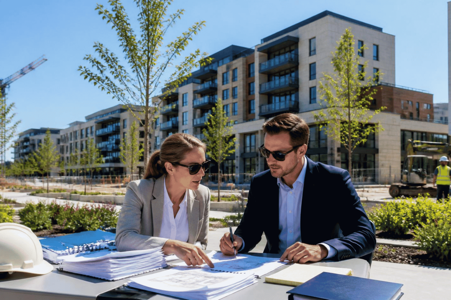 Development firm reviewing project financing documents at a construction site