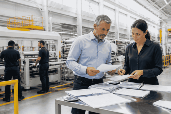 Manufacturer reviewing purchase order funding documents beside an active production line