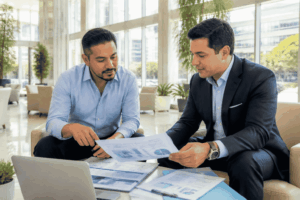 Business owner reviewing regional growth funding plans with a funding advisor