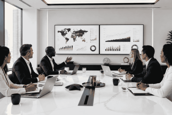 Executives reviewing a revenue-sharing alliance for entry into a new market