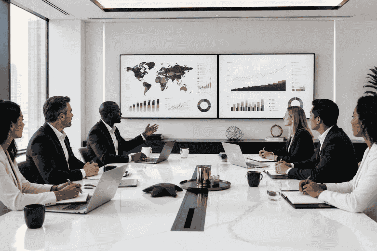 Executives reviewing a revenue-sharing alliance for entry into a new market