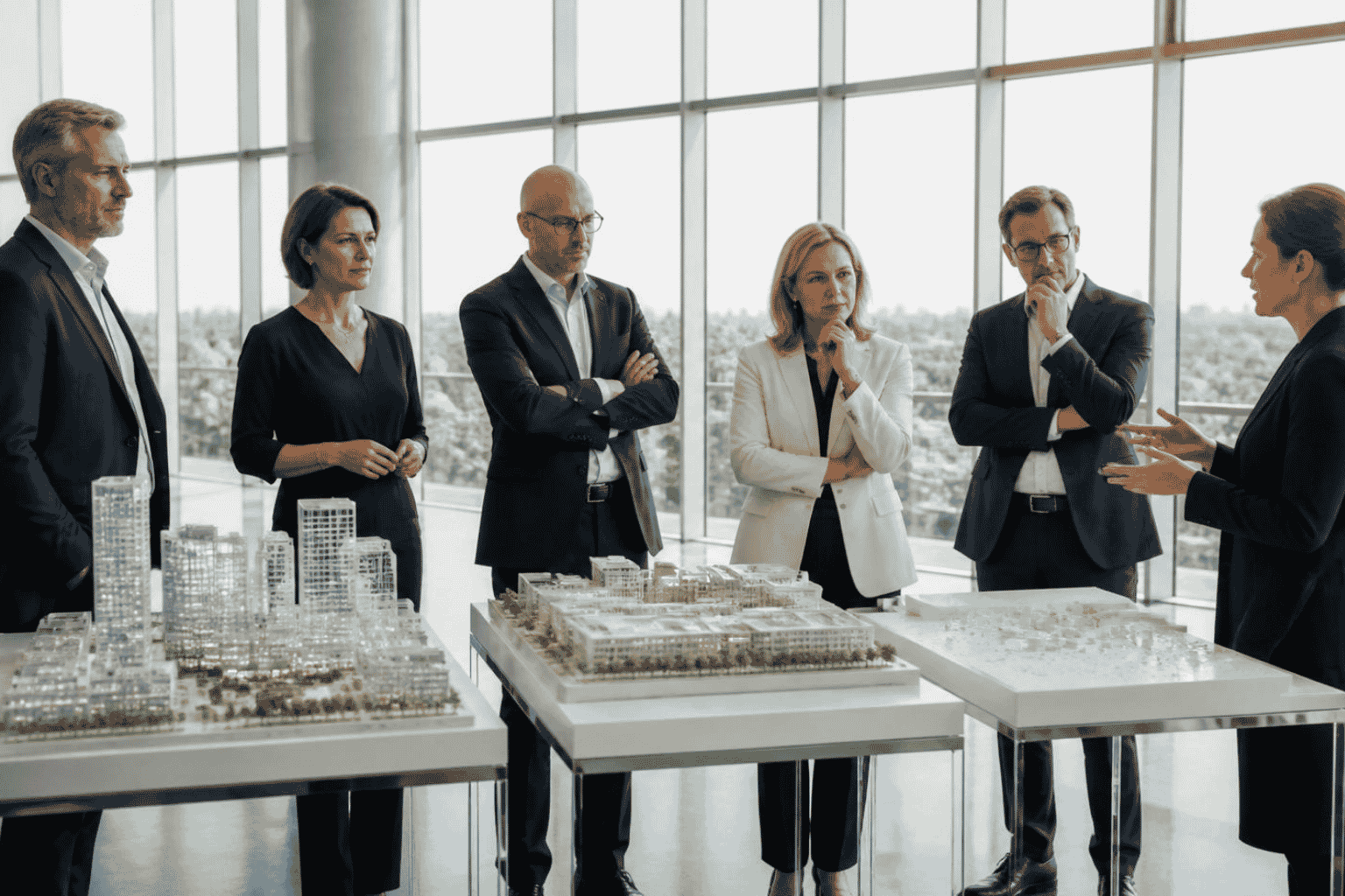Business leaders evaluating multiple future growth scenarios with strategic advisors