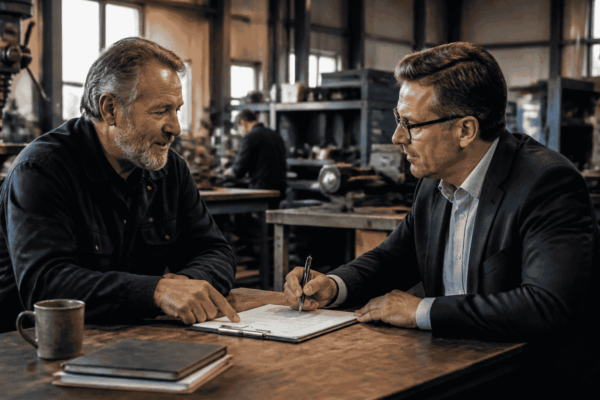 Buyer and seller reviewing seller-financing terms during a mid-market business transaction
