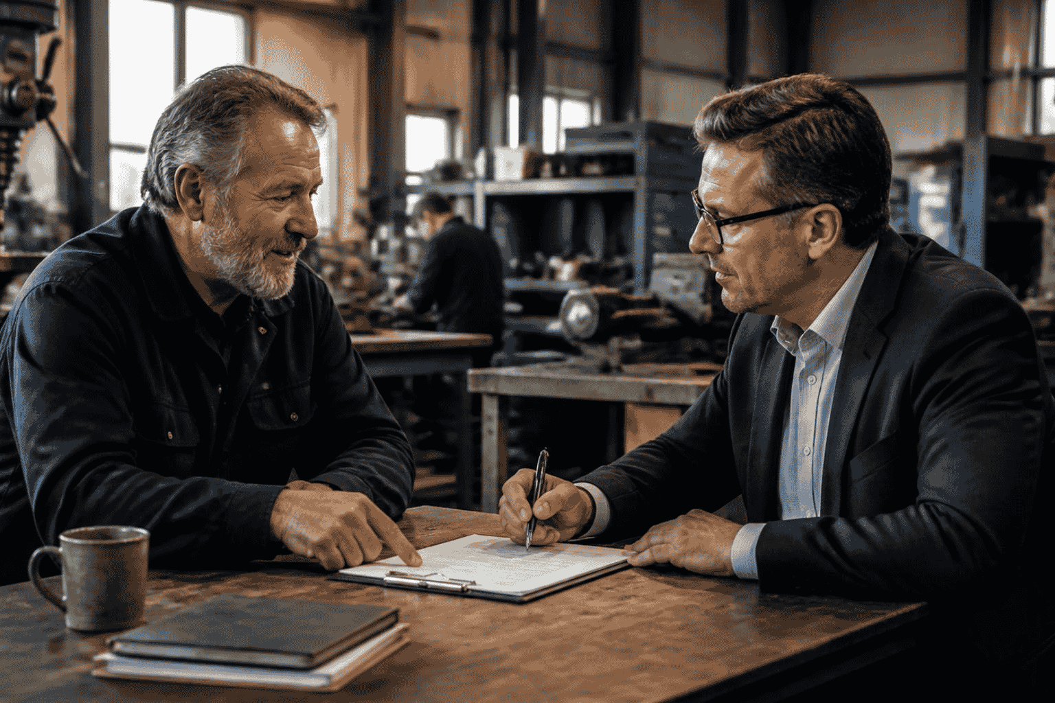 Buyer and seller reviewing seller-financing terms during a mid-market business transaction