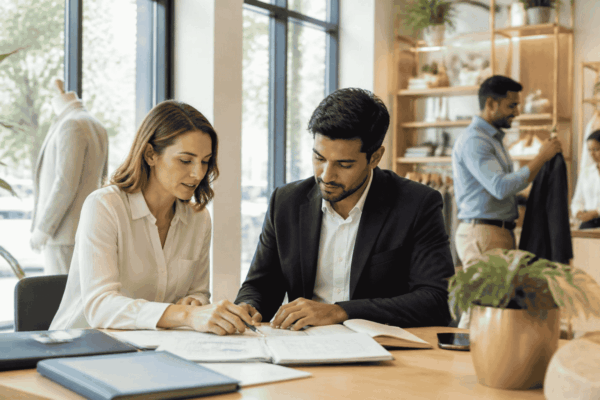 Retail owner reviewing store expansion funding documents with an advisor