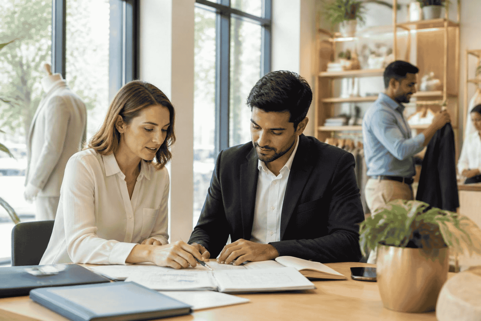 Retail owner reviewing store expansion funding documents with an advisor