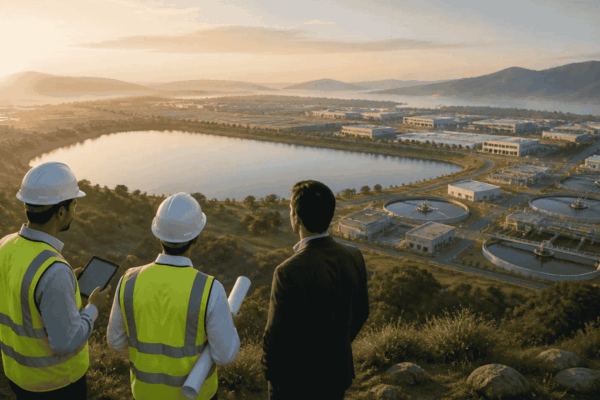 Engineers evaluating water infrastructure for a proposed industrial development