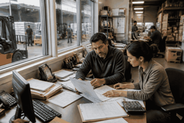 Business owner reviewing working capital funding needs near a distribution warehouse