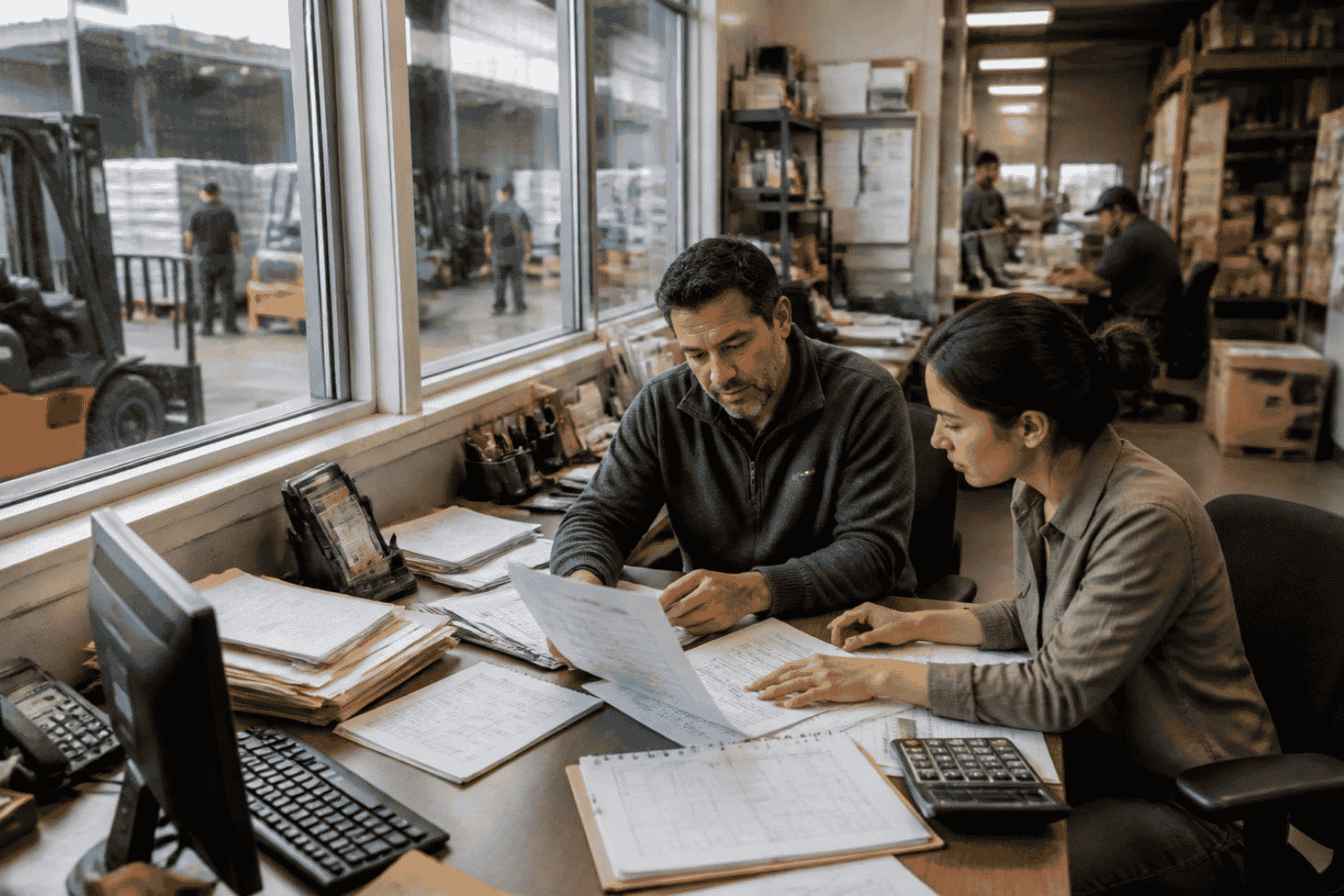 Business owner reviewing working capital funding needs near a distribution warehouse
