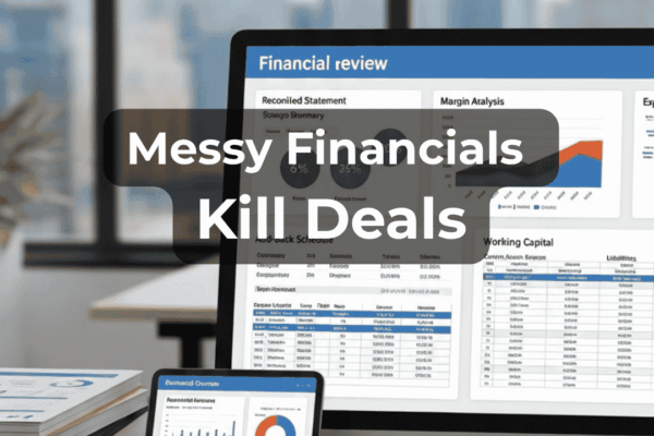 Business owner reviewing messy financial records before selling a business with EIN Business Brokers