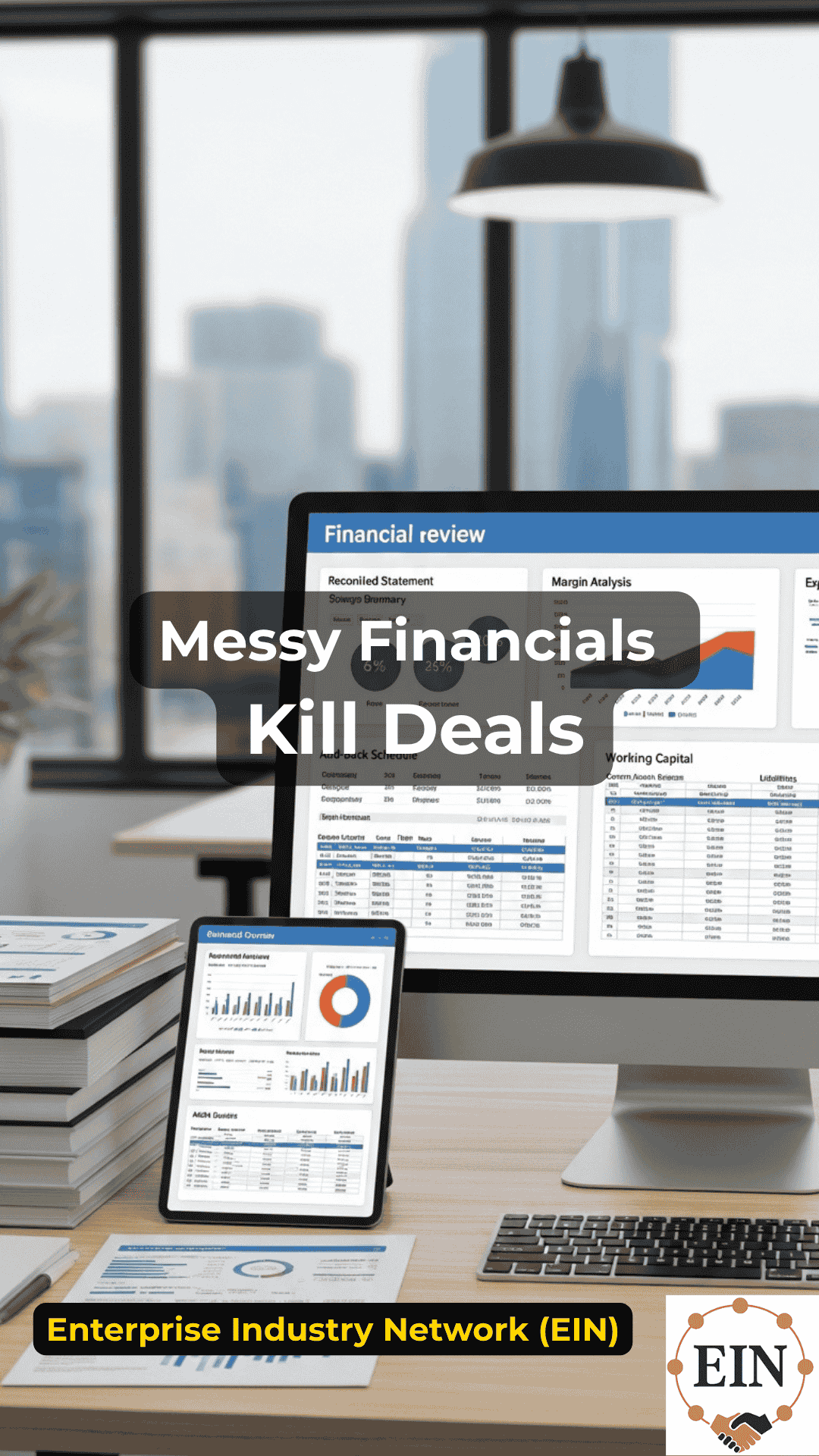 Business owner reviewing messy financial records before selling a business with EIN Business Brokers