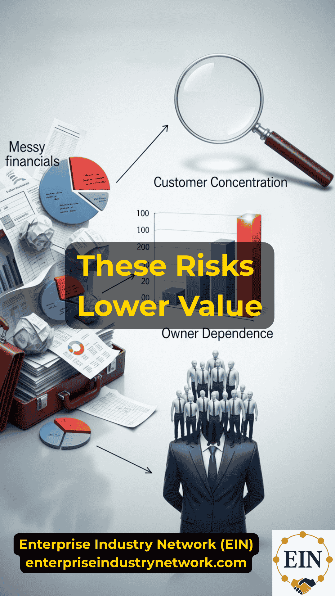 Business owner reviewing factors that can lower business valuation before selling with EIN Business Brokers