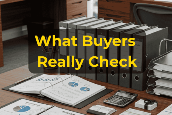 Business buyer reviewing due diligence documents, financial records, contracts, and company information before closing a business sale