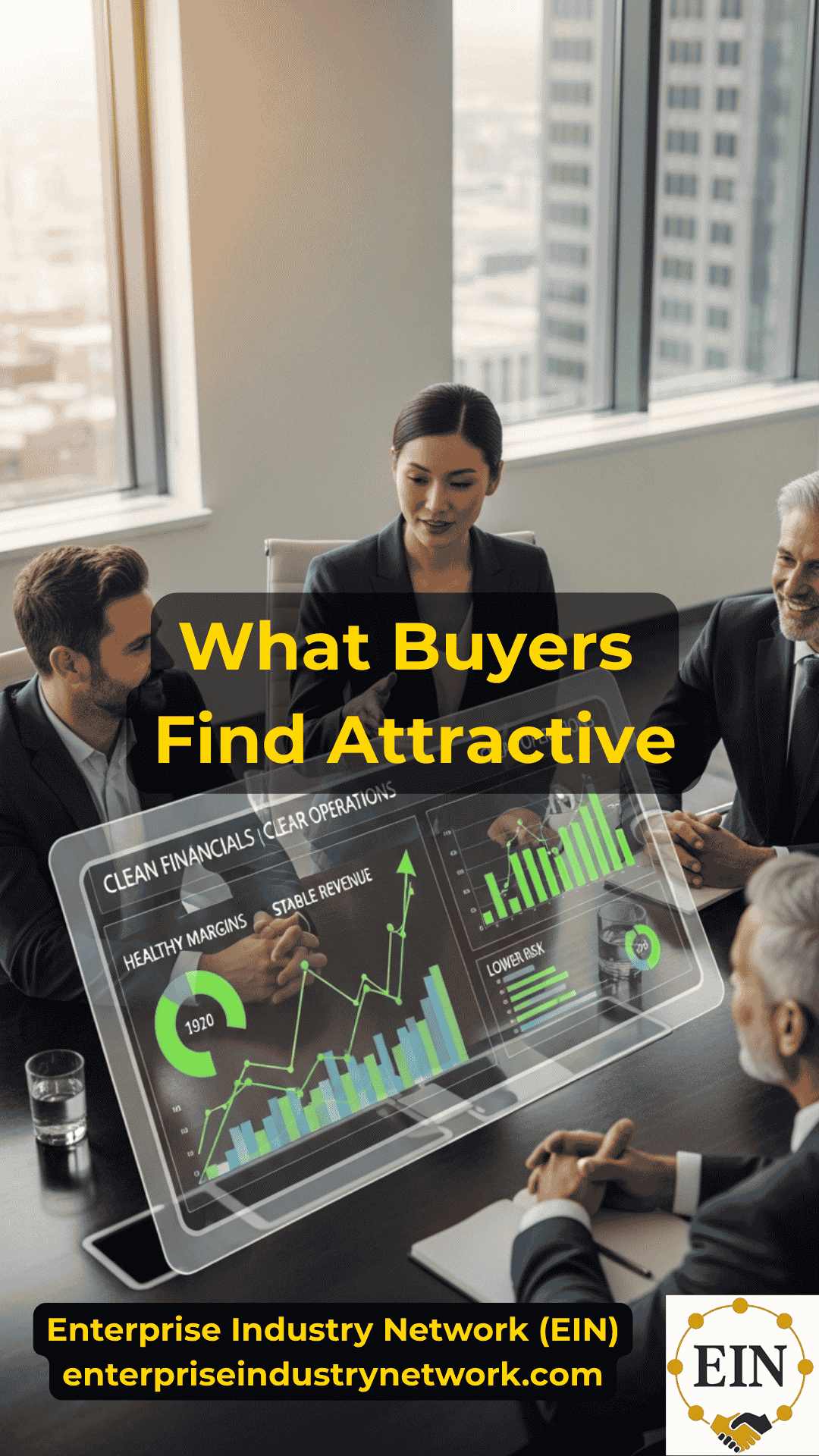 Business owner reviewing buyer-attraction factors including earnings, recurring revenue, management strength, and customer diversification with EIN Business Brokers