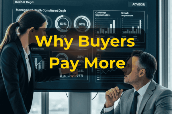 Business owner reviewing factors that increase business value including EBITDA, recurring revenue, management strength, and customer diversification with EIN Business Brokers