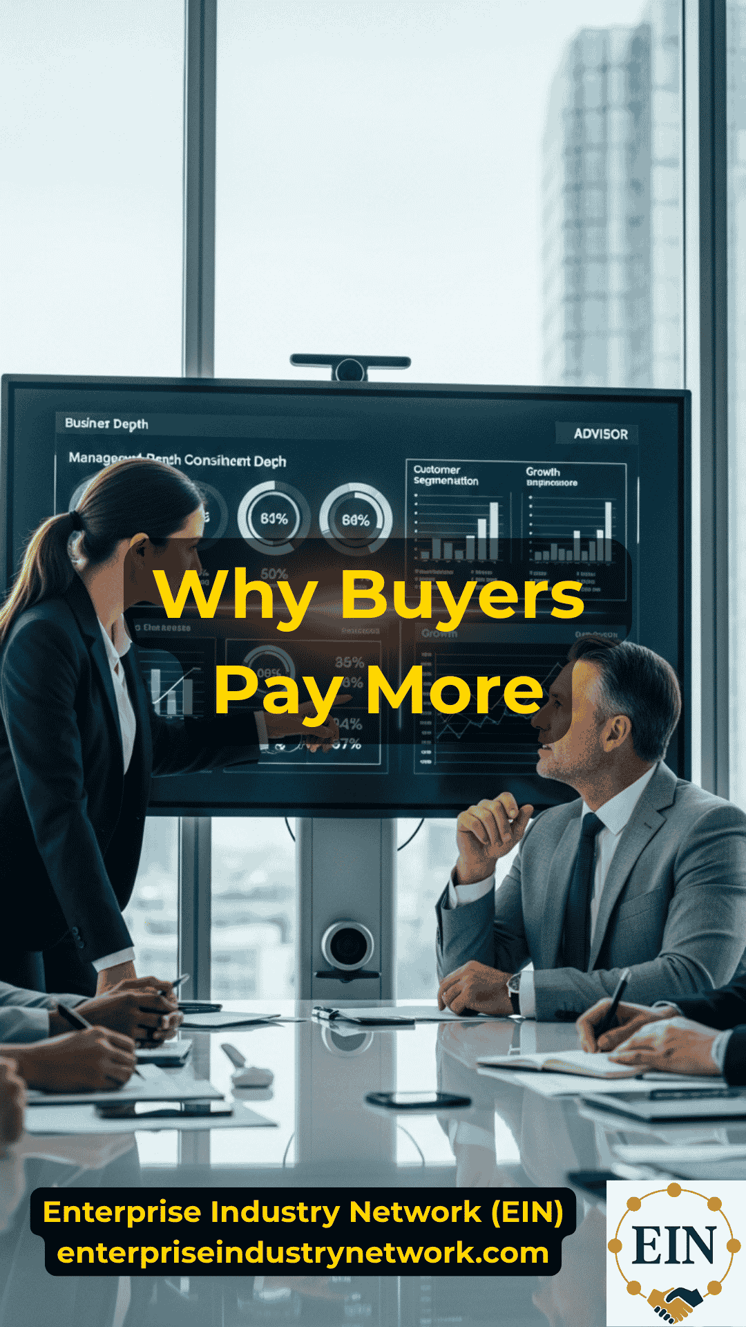 Business owner reviewing factors that increase business value including EBITDA, recurring revenue, management strength, and customer diversification with EIN Business Brokers