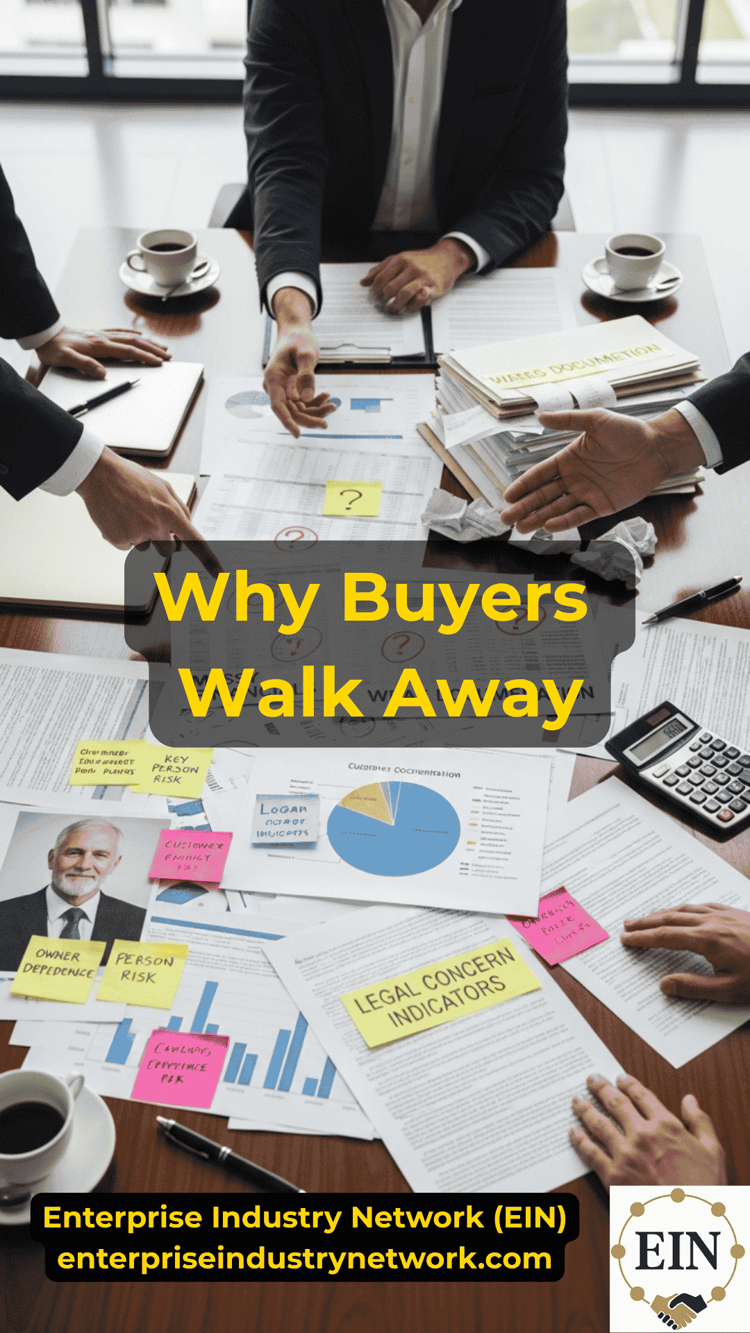 Business buyer walking away after reviewing financial, customer, legal, and due diligence risks in a business sale with EIN Business Brokers