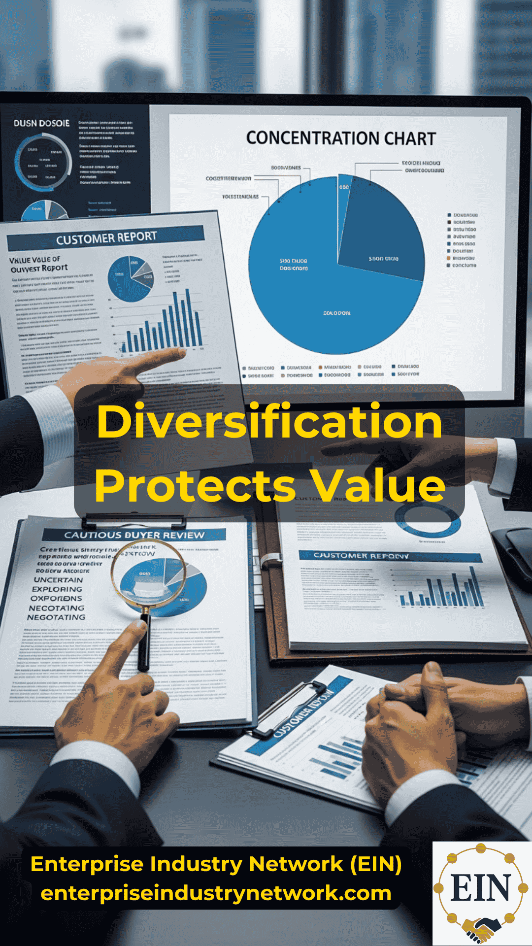 Business owner reviewing customer concentration, major account dependence, contracts, revenue risk, and business valuation with EIN Business Brokers