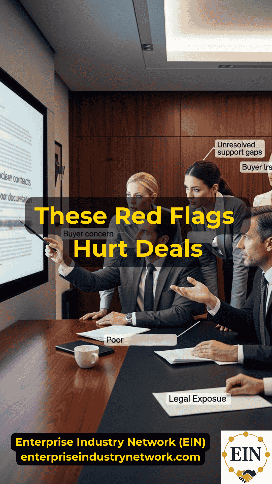 Business owner reviewing buyer red flags including declining earnings, customer concentration, owner dependence, liabilities, and financial records with EIN Business Brokers