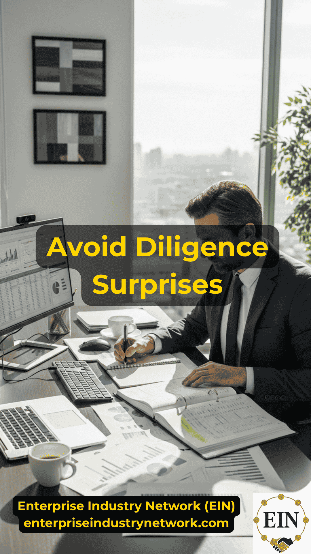 Business owner reviewing due diligence red flags including financial inconsistencies, customer concentration, contracts, liabilities, and owner dependence with EIN Business Brokers
