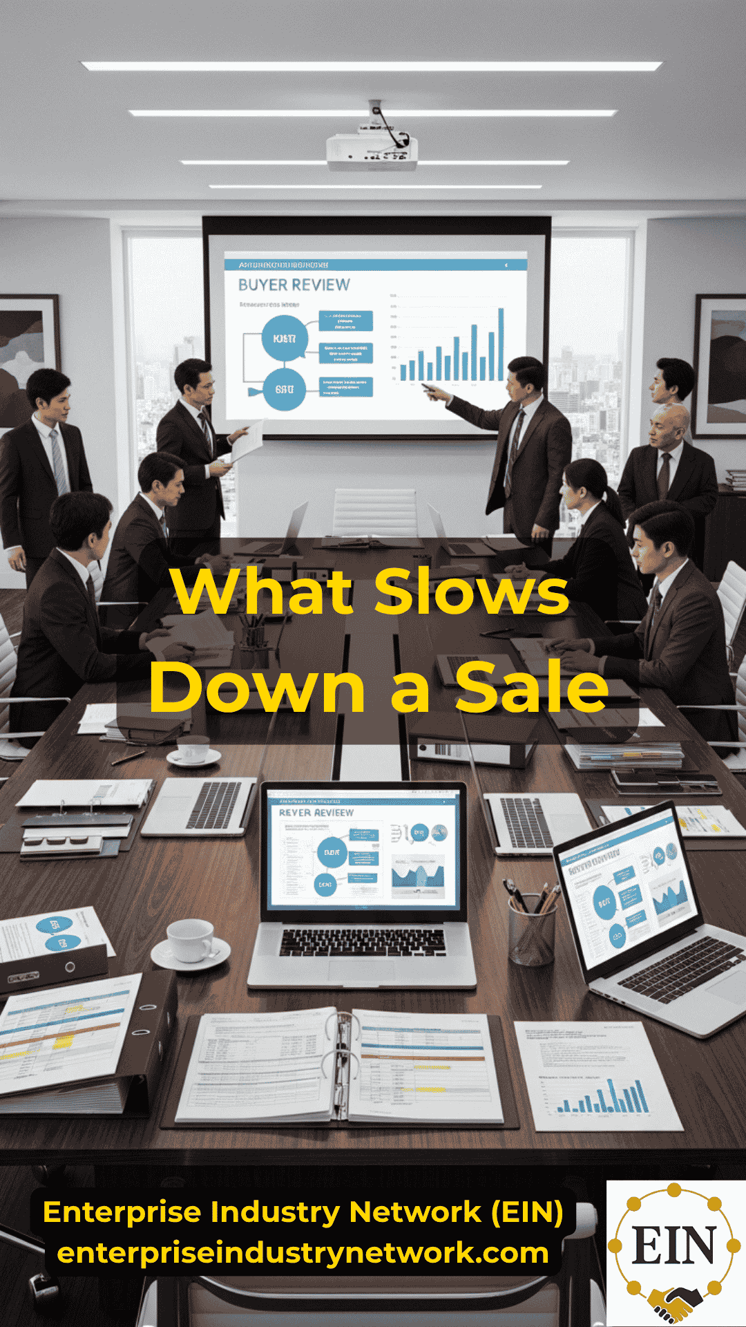 Business owner reviewing business sale delays involving financial records, buyer financing, due diligence, contracts, working capital, and closing with EIN Business Brokers