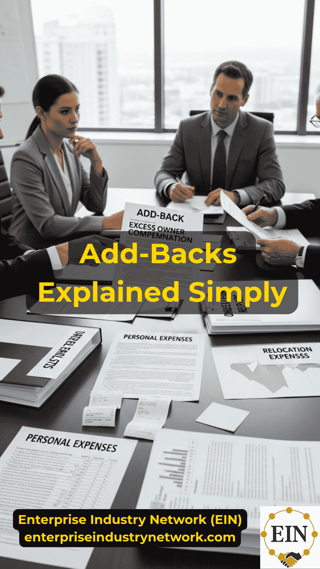 Business owner reviewing EBITDA add-backs, owner compensation, one-time expenses, related-party costs, and normalized earnings with EIN Business Brokers