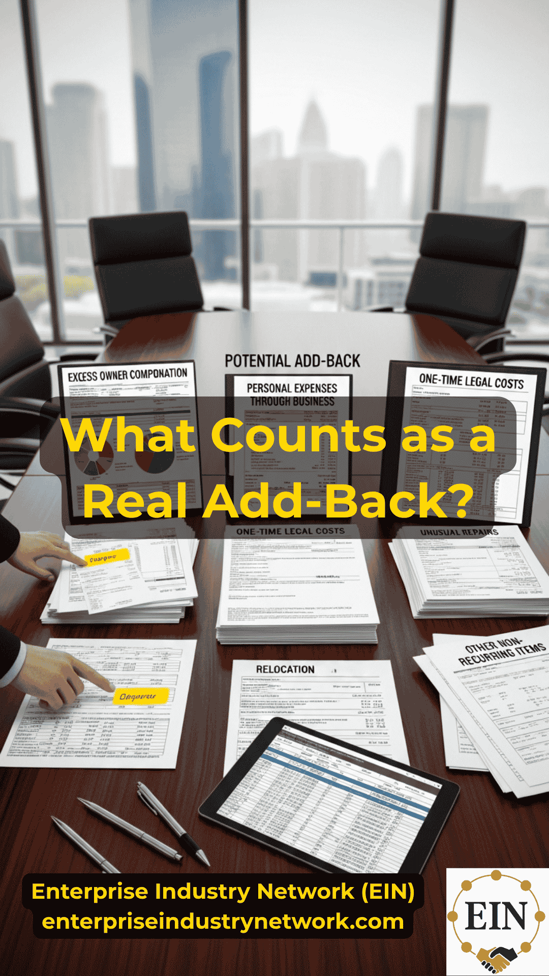 Business owner reviewing which EBITDA add-backs are legitimate, including owner compensation, one-time expenses, replacement costs, and supporting financial records with EIN Business Brokers