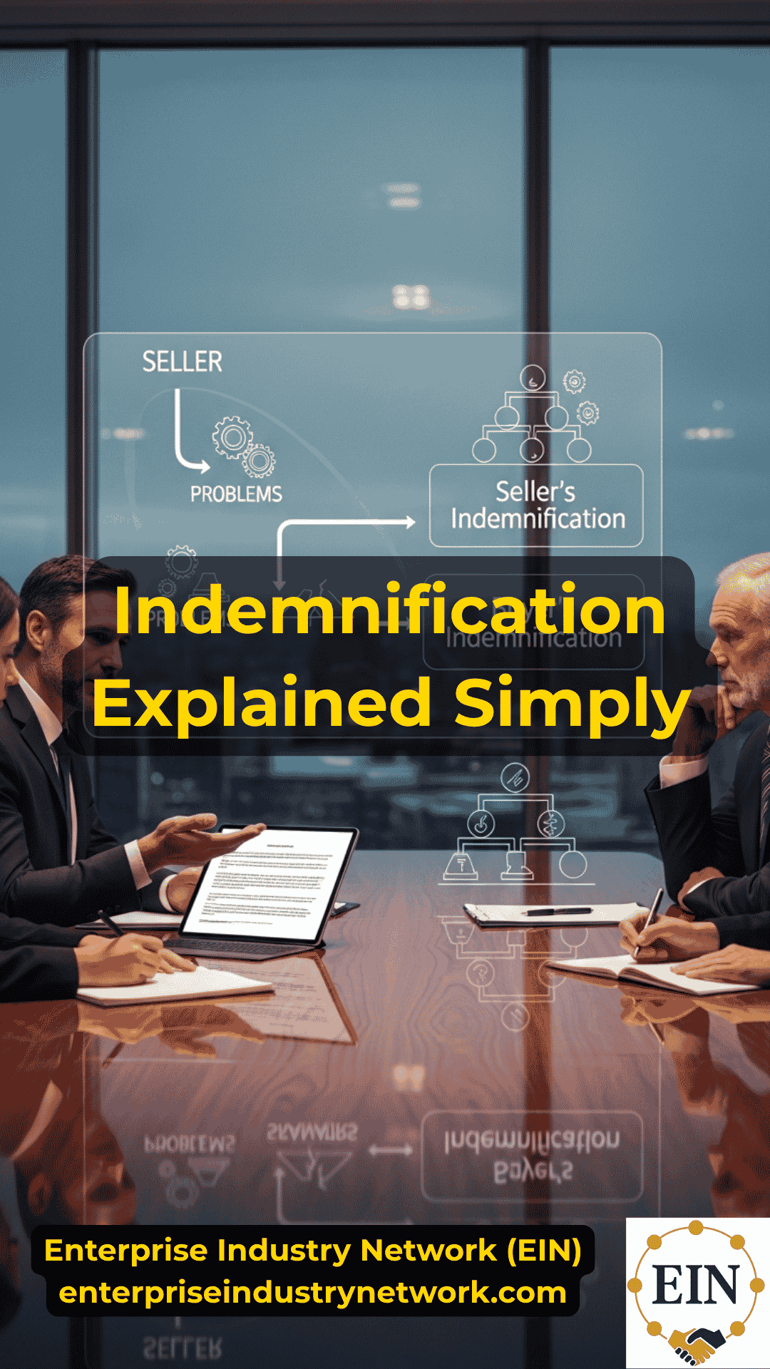 Business owner reviewing indemnification terms, representations and warranties, escrow, caps, baskets, and post-closing liability with EIN Business Brokers
