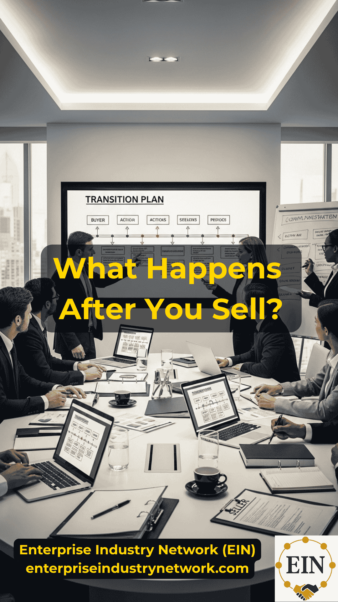 Business owner completing a business sale and reviewing seller transition, earnouts, seller financing, escrow, and post-closing obligations with EIN Business Brokers